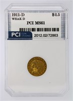 1911-D Weak D Gold $2.50 PCI MS61 Rare