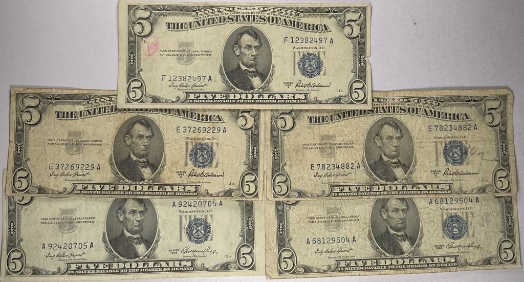 Lot of 5: $5 Silver Certificates