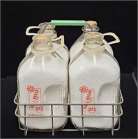 (4) Vintage 1/2 Gallon Dairy Bottles with Carrier