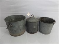 Lot (3) Galvinized Buckets & Waterer