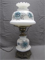 Vintage Blue Flower Glass 2 Piece Lamp - Working