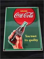 Vintage enamel Coca-Cola sign.  9-in x 11.25-in