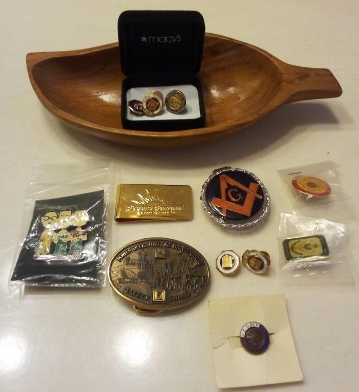 J - WOODEN DISH, BELT BUCKLE, COLLECTIBLE PINS (M6