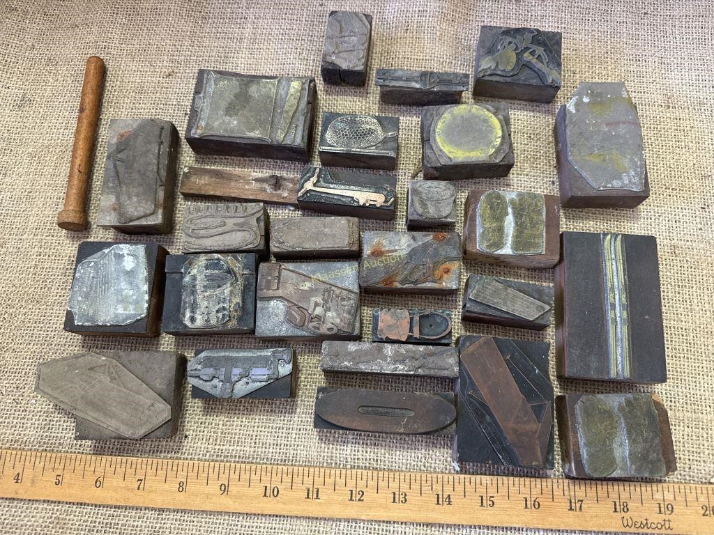 Vintage Tin Stamps with Wooden Back