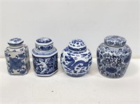 4 Small Blue and White China Ginger Jars