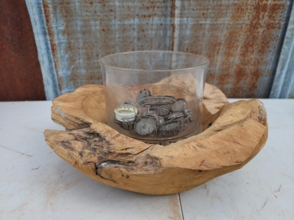Driftwood bowl glass bowl with vintage bottle caps
