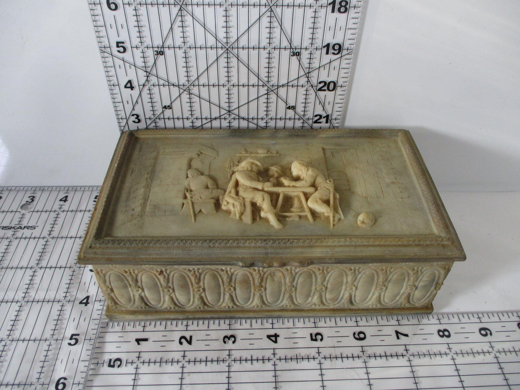 Incolay Stone Trinket Box Men Playing Cards 8"
