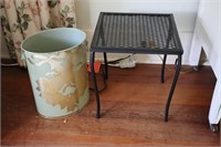 Wrought iron stand, trash can and Easy Home fan