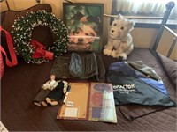 TOTE BAG, WREATH, 2 DOLLS, STUFFED DOG