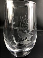 Orrefors Crystal Etched Pheasant Vase