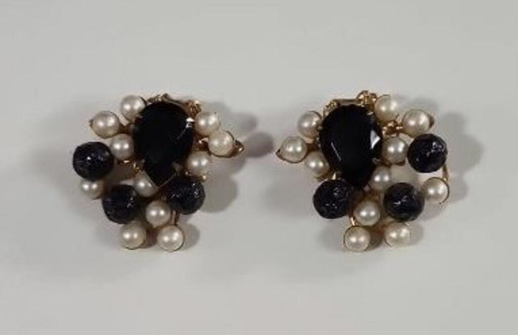 MCM Beaujewels black rhinestone clip on earrings