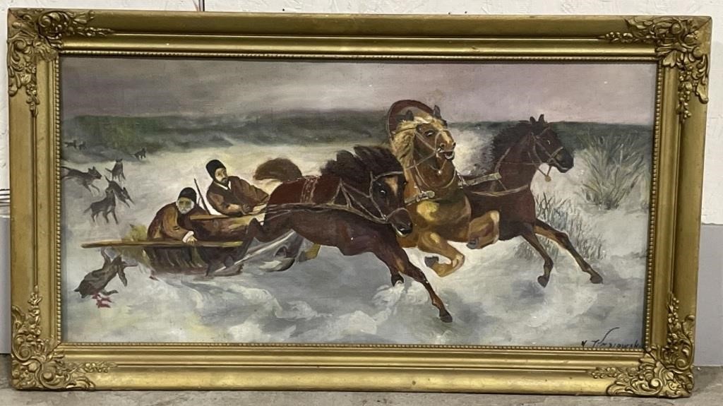 (I) Russian Signed Oil Painting Horse Sled