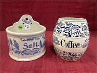 2 Items: Blue White Stoneware Salt Crock,