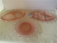 2 PINK OPEN LACE SERVING PLATTERS, PINK SATIN OPEN