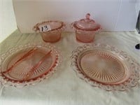 2 PINK OPEN LACE CANDY DISHES, 2 PINK OPEN LACE