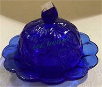 Vintage cobalt blue covered butter dish.    636.