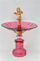 Heavy Cranberry Glass Pedestal Dish w/ Gold Cherub