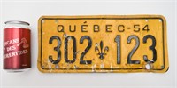 Plaque d'immatriculation Québec, 1954