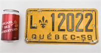 Plaque d'immatriculation Québec, 1959