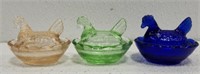 3pcs Pink Green and Blue Glass Hen on Nests