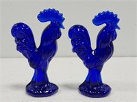 Pair of Small Gorgeous Blue Glass Rooster Decor