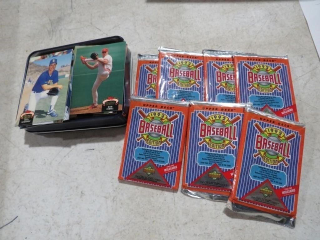 TIN WITH 90 STADIUM  CARDS & 7 PACKS OF UPPERDECK