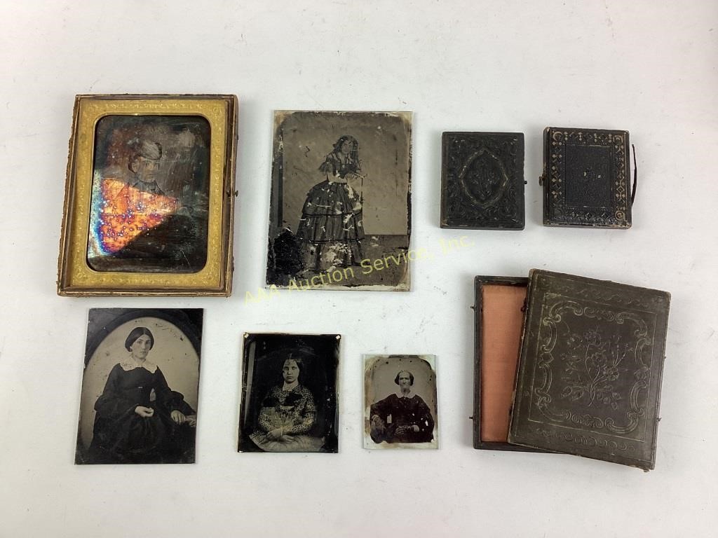 Tin type photos 5 and partial wooden frame.