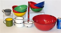 Various Enamelware Bowls, Cups Ladle