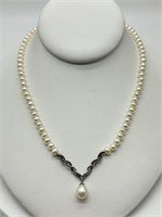 Fine 14K & Sterling Pearl & Diamond Necklace