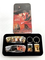 John Wayne Pocket Knives and Keychain Set in Tin