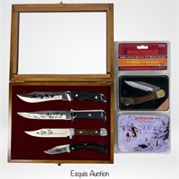 Hunting Knives in Display Case & Winchester Foldin