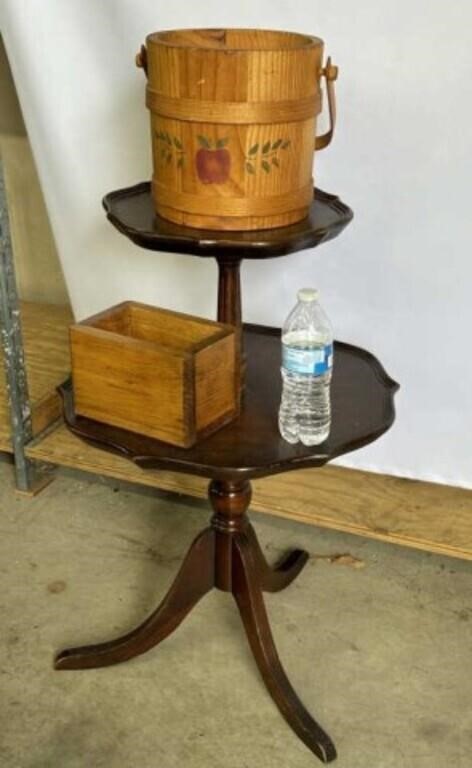Vintage 2-tiered Table, Wooden Bucket and Box