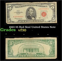 1963 $5 Red Seal United States Note Grades vf++