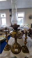 OIL LAMP & CANDLESTICKS