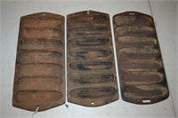 Three Rusty Unmarked Cast Iron Cornbread Pans