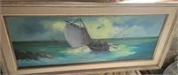 Large Framed Ship Oil on Canvas Beth Nosler