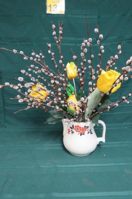 Large Vintage Hall Pitcher w/ Faux Flowers