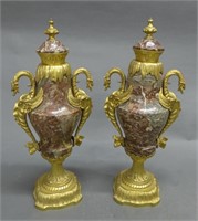 Pair Dore over Bronze and Marble Cassolette Urns