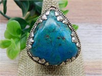 CHRYSOCOLLA RING WITH INTRICATE TOOLING ROCK STONE