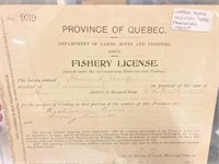 PROVINCE OF QUEBEC FISHING LISCENCE, 1903