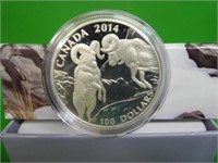 2014 R C M $100.00 .9999 Silver Coin Bighorn Ram