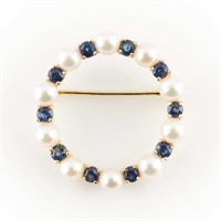 14k Yellow Gold Cultured Pearl and Sapphire Pin