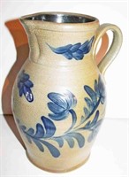 Rowe Stoneware Blue Decorated Handled Pitcher