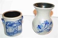 2 Pcs. Rowe Stoneware Blue Decorated Vase &