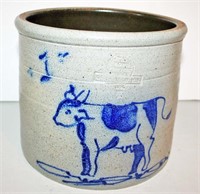 Rowe Stoneware Blue Decorated Cow Crock,