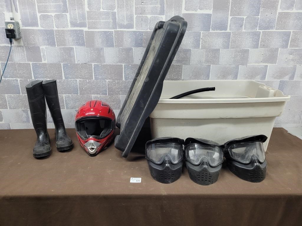 Paintball masks, atv helmet, bin, boots