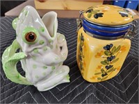 Ceramic Handled Frog & hand painted jar.