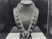 STERLING SILVER TURQUOISE SQUASH BLOSSOM NECKLACE