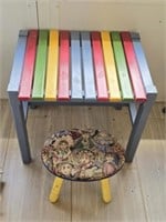 Wooden Multicolored Child's Table & Stool