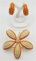 (H) BSK Faux Pearl and Coral Bead Flower Brooch